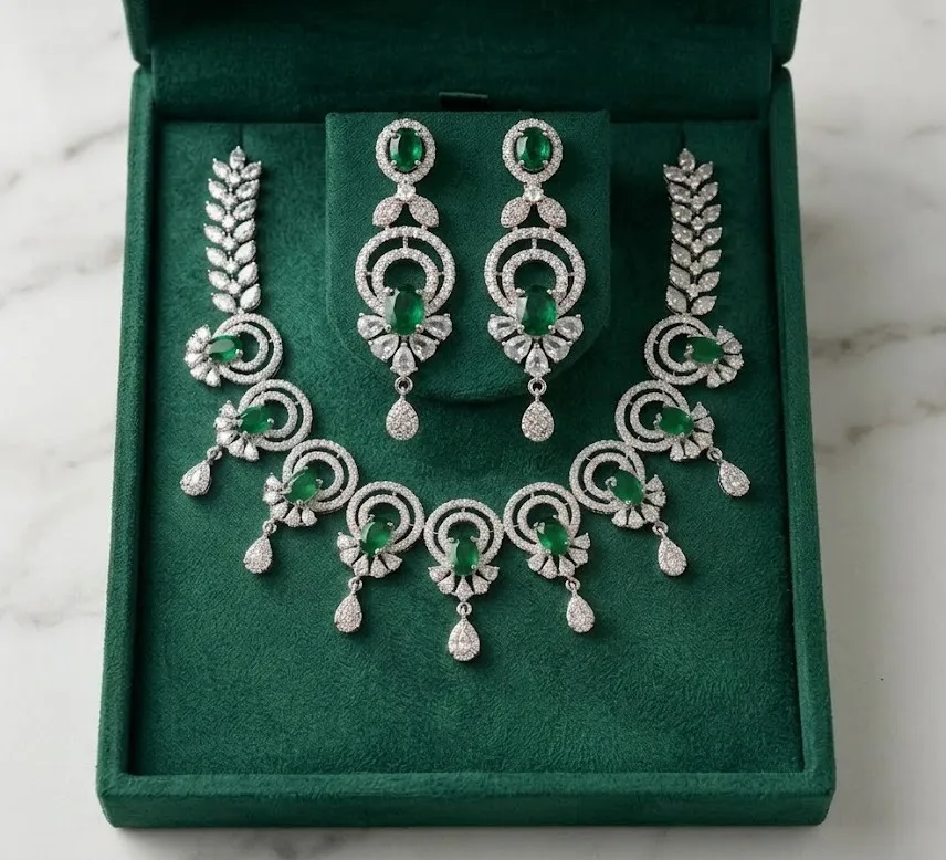 Emerald Cascade Halo AD Necklace Set