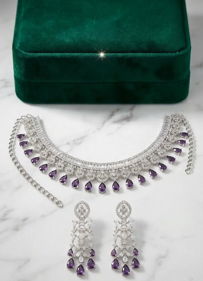 Amethyst Teardrop Baguette AD Choker Set