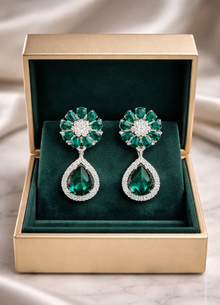 Emerald Floral Teardrop AD Drop Earrings