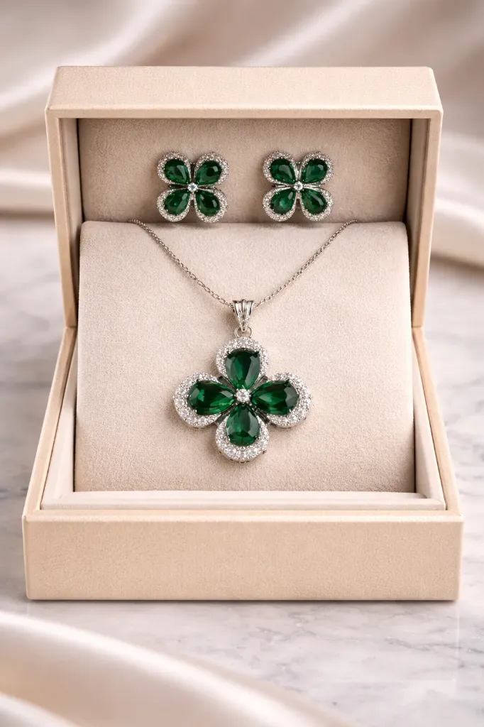 Emerald Clover Leaf AD Pendant Set