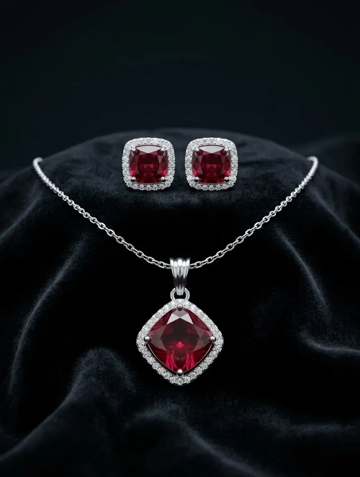 Royal Ruby Cushion-Cut AD Pendant Set