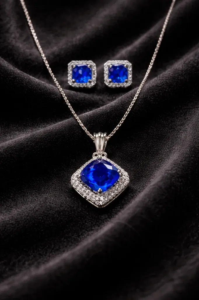 Sapphire Aura Cushion-Cut AD Pendant Set
