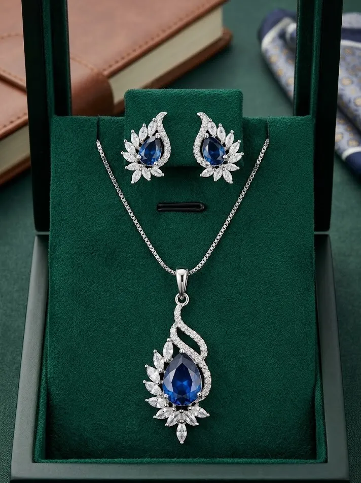 Sapphire Winged Marquise AD Pendant Set